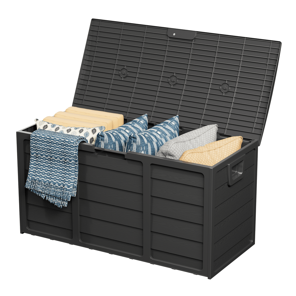 75 Gallon Outdoor Storage Box Deck Box with Handles | Large Waterproof Lockable Cabinet for Pool Accessories, Garden Tools & Camping Gear ¨C Easy Assembly Yard Storage Bin, Pure Black