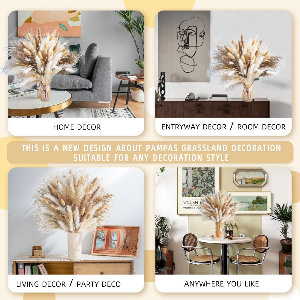 Natural Pampas Grass Decor Bouquet 105/120pcs Boho Dried Floral Arrangement - Centerpiece Table Decor for Wedding Living Room Rustic Boho Home Decoration Vase Filler