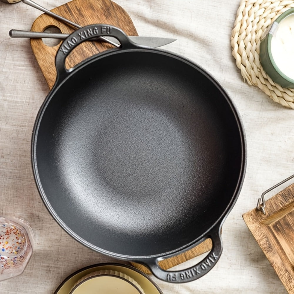 Cast Iron Wok Skillet Non-Stick Deep Stir Fry Pan with Dual Handles - Heavy Duty Uncoated Traditional Cooking Pot Multi-Size 9.84 10.62 11.81 12.59 Inch for Home Outdoor Grilling Baking