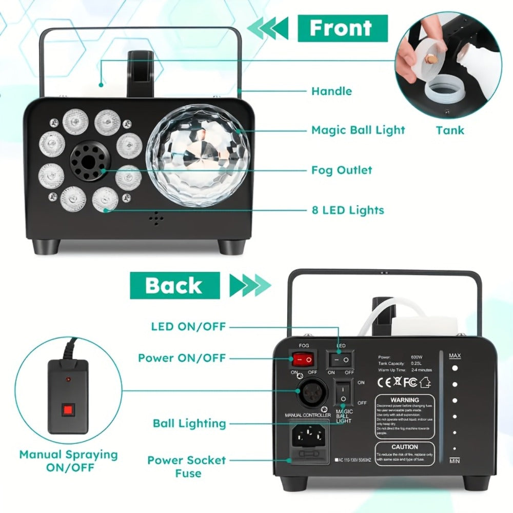 Fog Machine 600W with Disco Ball LED Lights | 3000 CFM Smoke Machine with 13 Colorful LED Effects & Wireless Remote | Party Fog Machine for Halloween, Wedding, DJ Stage, Indoor Events & Nightclub