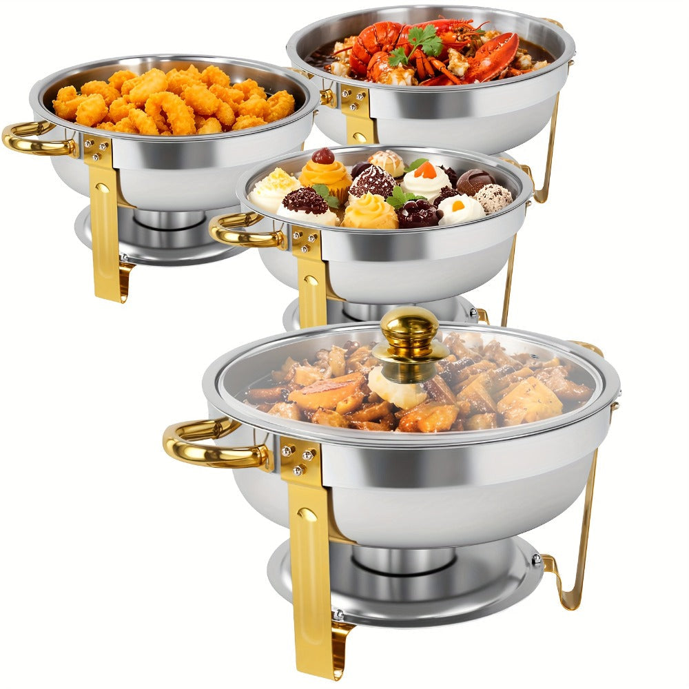 Golden Chafing Dish Buffet Set with Glass Lid 6QT Round Stainless Steel Food Warmer Chafer for Catering Party Dinners Weddings, Titanium Gold Finish, 2 & 4 Pack
