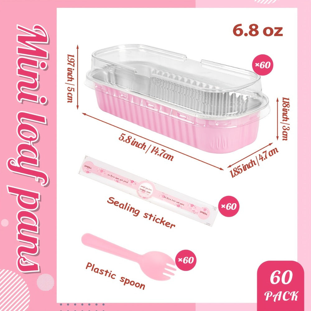 Mini Loaf Pans 60pcs Aluminum Foil Rectangular with Lids and Spoons 6.8oz Mini Cheesecake Containers Individual Portion Baking Pans for Desserts Gifts Pink