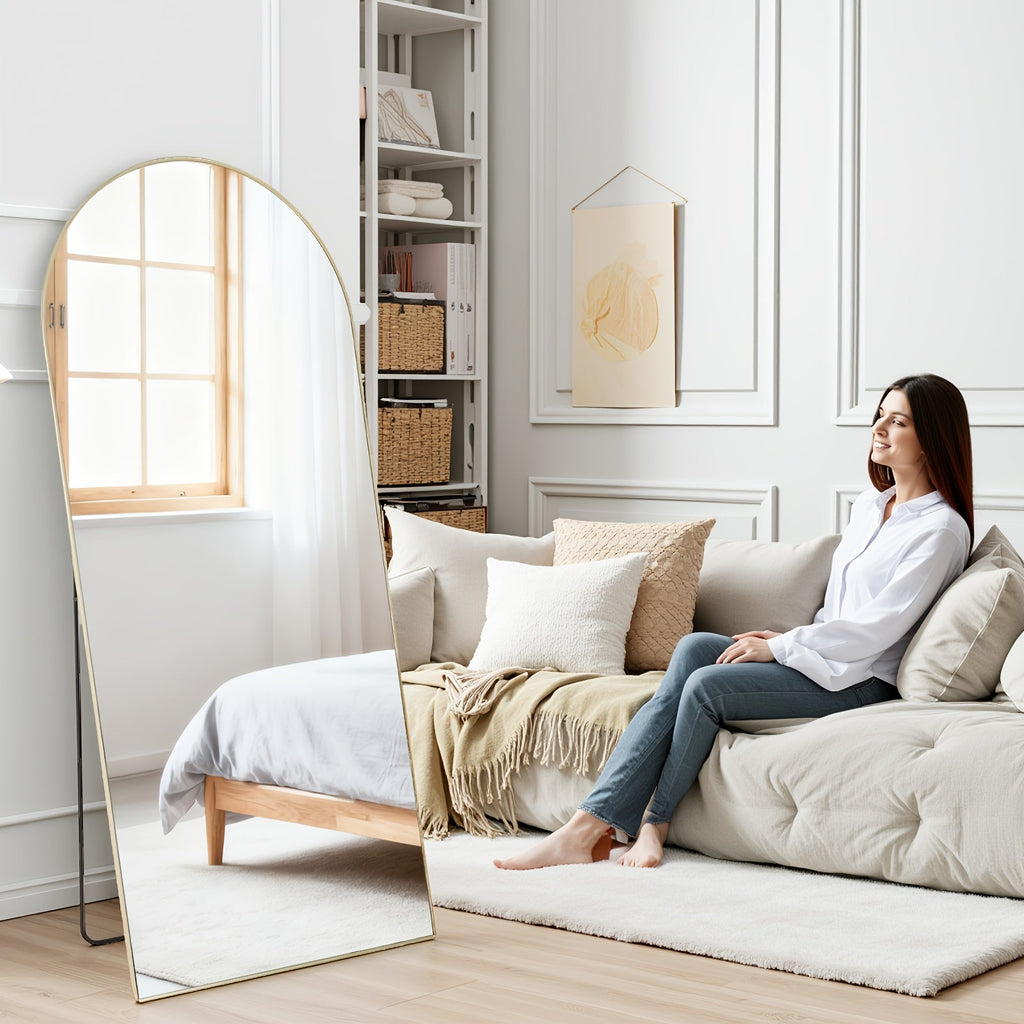 Full Length Mirror Floor Standing, Arched & Rect Body Mirror with Stand, Hanging or Leaning Wall Mirror, Aluminum Alloy Thin Frame for Bedroom Hotel Bathroom
