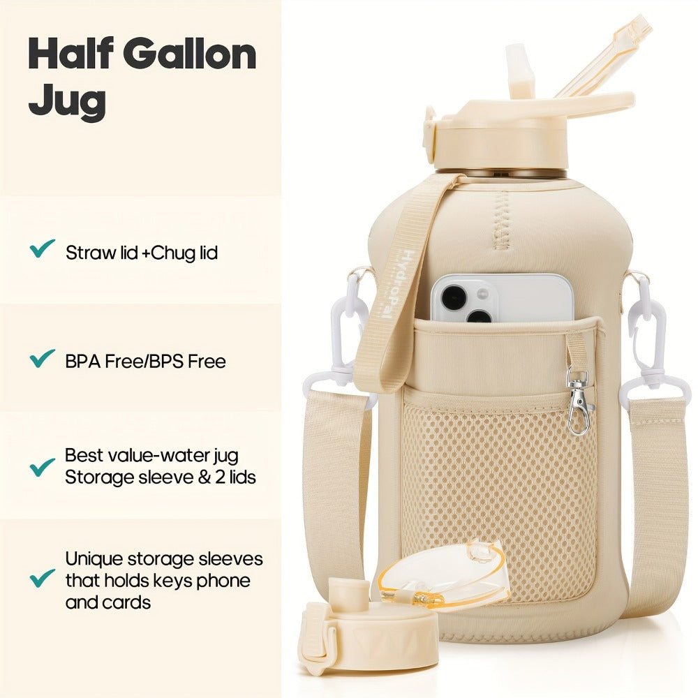 Half Gallon Water Bottle 74oz with Storage Sleeve & 2 Lids - Large Sports Water Jug for Gym, BPA-Free, Straw & Chug Lid, Time Marker, Shoulder Strap & Handle, Motivational Hydration Bottle