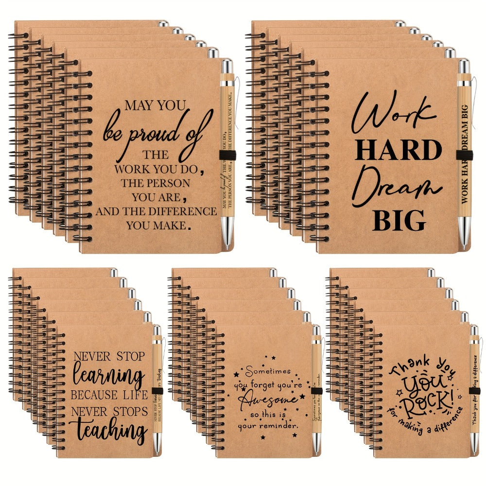 Spiral Notebooks with Retractable Bamboo Pens Bulk Gift Set ¨C 30 Pack Inspirational Journals Thank You Gifts for Teachers Employees Back to School Encouragement Notepad