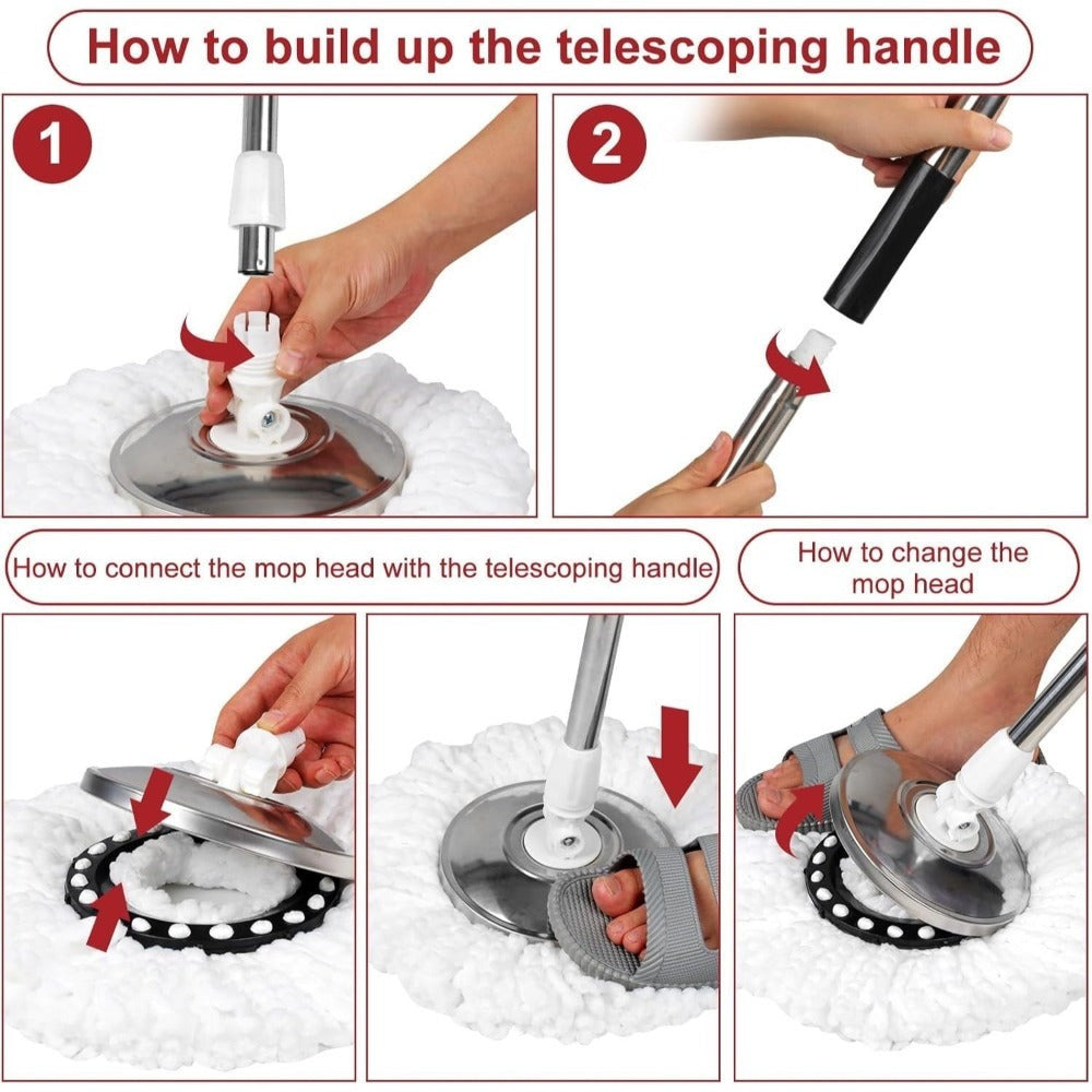 Spin Mop and Bucket with Wringer Set, 360¡ã Spinning Mop System, 4 Microfiber Replacement Heads, Stainless Steel Adjustable Handle, Heavy-Duty Floor Cleaning Kit for Hardwood Tile Laminate Kitchen Bathroom