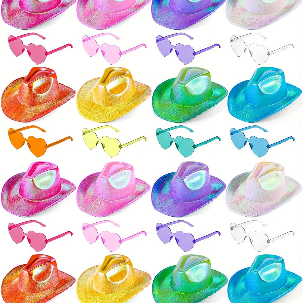 Space Cowgirl Holographic Hat & Rimless Heart Glasses Set 32 Pcs ¨C Sparkly Party Costume Accessories