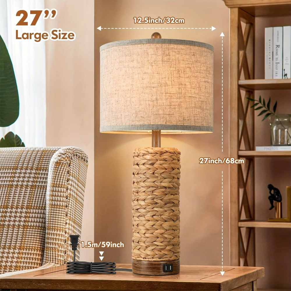 Rattan Table Lamp Set of 2 with USB Ports - 27 Inch Tall Woven Seagrass Bedside Nightstand Lamps for Living Room Bedroom End Table, Coastal Farmhouse Rustic Decor, E26 Socket Rotary Switch