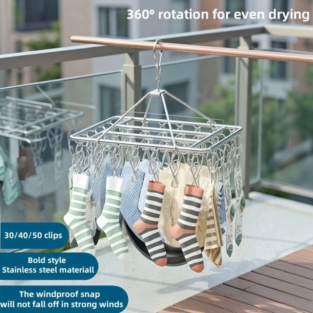 Clothes Drying Rack with Clips Stainless Steel Laundry Hanger Windproof Skidproof Multi-Clip Sock Underwear Dryer for Home Bedroom Balcony ¨C 30/40/50 Clips
