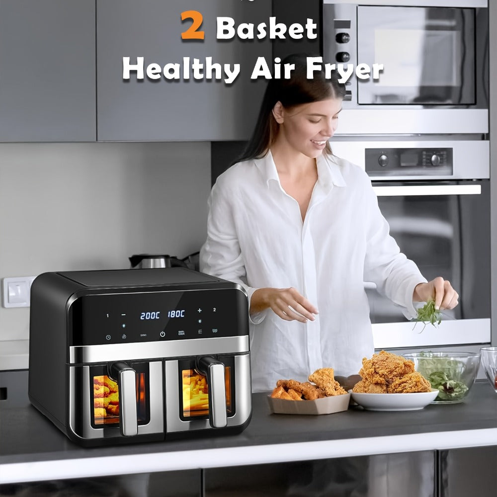 Dual Basket Air Fryer 9.5Qt ¨C 2x4.75Qt Independent Zones, Smart Finish Match Cook, 2400W, 8 Presets, Air Fry Roast Bake Grill, Energy Saving Family-Size Double Basket Air Fryer