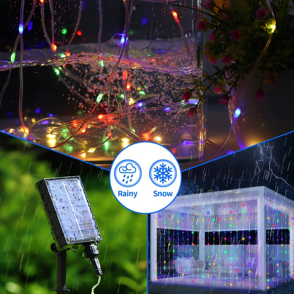 Solar Curtain Lights Outdoor 300 LED Waterfall Fairy String Lights with 8 Modes Remote Control USB Rechargeable Dimmable Timer for Christmas Gazebo Party Wedding Window Decor