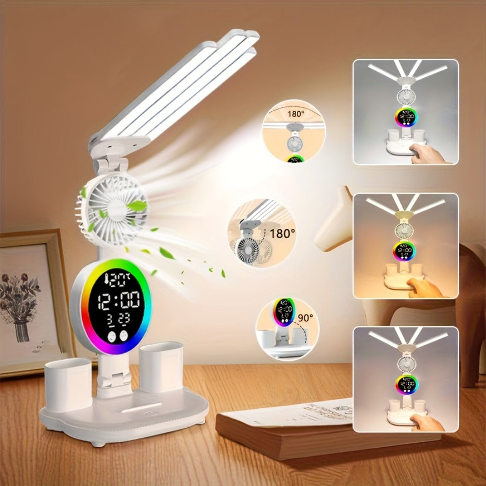 LED Desk Lamp with USB Touch Control Adjustable Brightness Color Changing Built-In Fan Night Light Eye-Caring for Home Office Dorm Study Multi-Angle