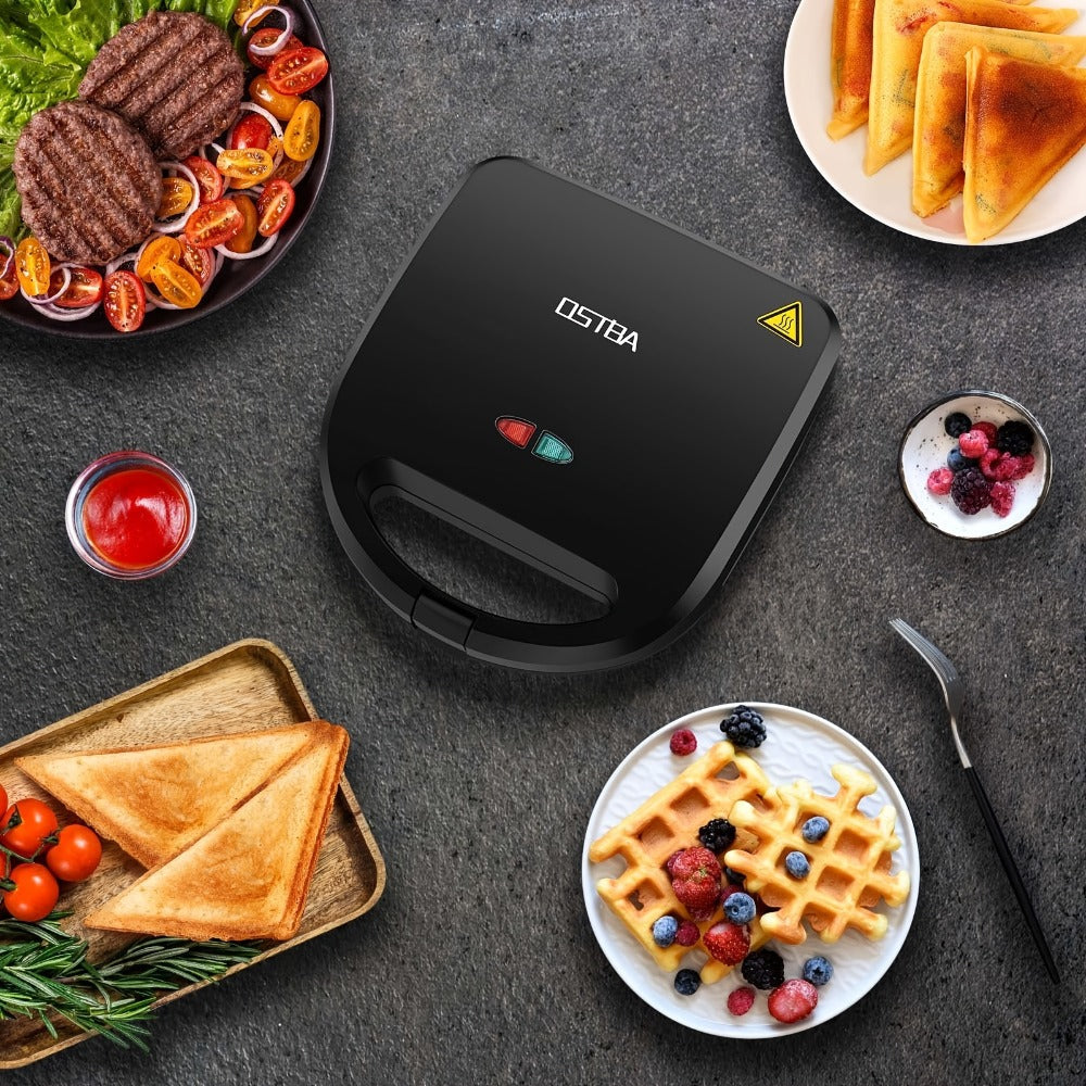 OSTBA 3-in-1 Sandwich Maker Panini Press Waffle Iron 750W Removable Non-Stick Plates for Breakfast Sandwiches Grilled Cheese Waffles Steak BBQ Black