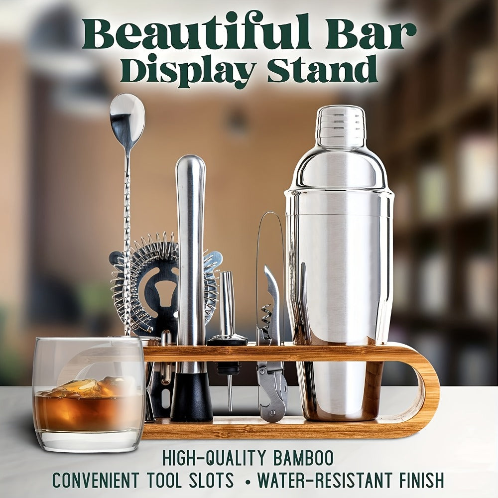 Bartender Kit 10 Piece Stainless Steel Bar Tool Set with Bamboo Stand Cocktail Shaker Mixing Spoon Strainer Jigger Home Bar Accessories Perfect Housewarming Gift for Fathers Day