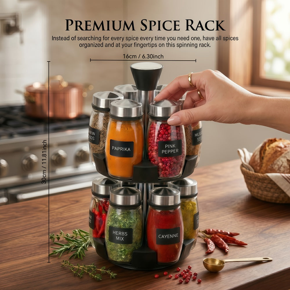 Glass Spice Jar Set with Rotating Rack ¨C Airtight Kitchen Spice Organizer with 360¡ã Stainless Steel Stand ¨C Food Grade Glass Seasoning Bottles for Pantry, Cabinet & Countertop Storage ¨C 6 or 12 Piece