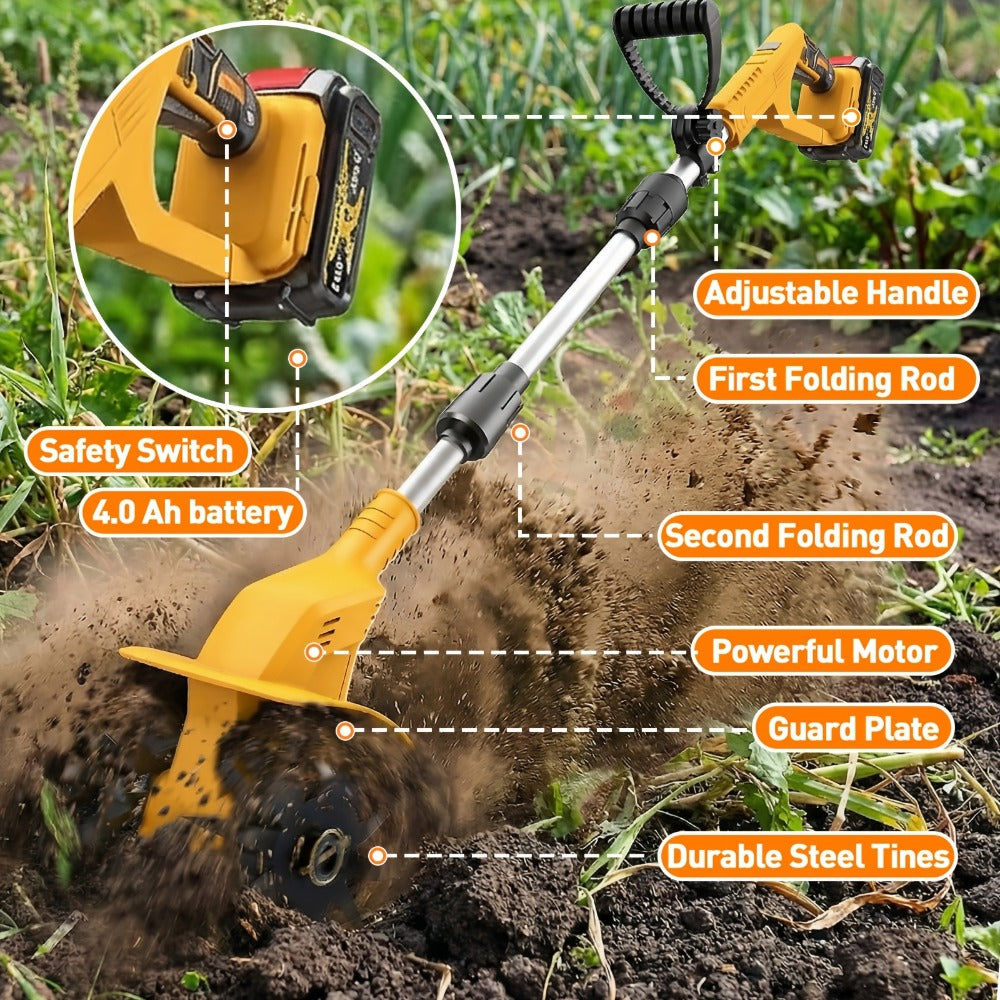 Electric Tiller Cultivator Cordless 20V Battery Powered - 8.6 Inch Tilling Width, Adjustable Ergonomic Handle, Garden Bed & Farm Soil Breaker, Available in Small/Large with 1 or 2 Batteries Included
