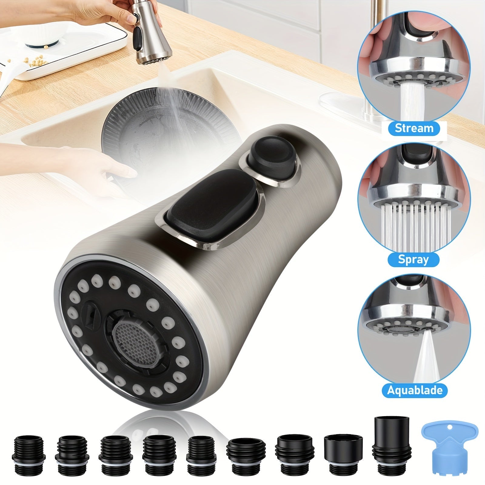 Kitchen Faucet Sprayer Head 3 Function Pull Down Replacement with 9 Adapter Kit Stream Spray Aquablade for Moen American Standard Pull Out Sink Nozzle Brushed Nickel ABS G1/2