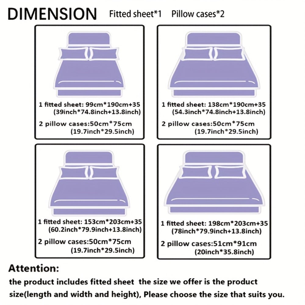 Fitted Sheet Set 3 Piece Digital Print Plaid - Deep Pocket 15 Inch Bed Sheet with 2 Pillowcases, 85% Polyester Soft Breathable Bedding Set for Twin Full Queen King, All Season Mattress Cover