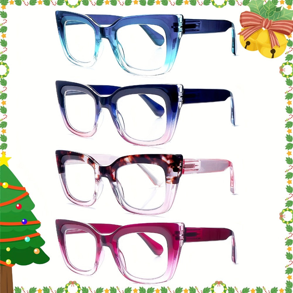 Reading Glasses Blue Light Blocking for Women 4 Pack ¨C Cat Eye Frames with Metal Spring Hinges, Multicolor Floral Gradient Computer Eyeglasses