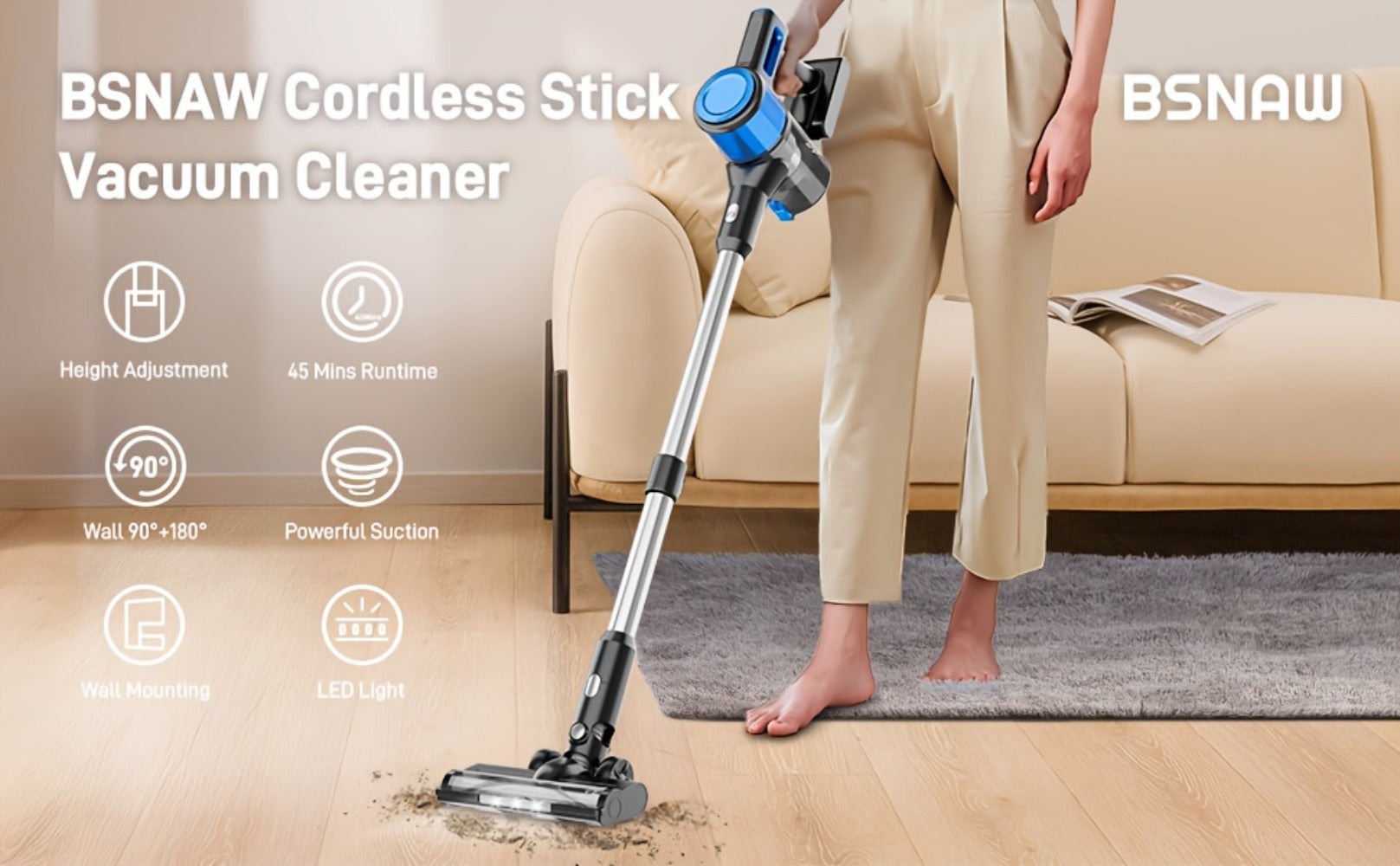 Cordless Stick Vacuum Cleaner 56-68Kpa ¨C Lightweight 8-in-1 Handheld Vacuum with Rechargeable Battery, 45 Min Runtime for Hard Floors, Carpets & Pet Hair