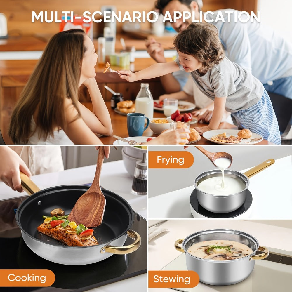 Stainless Steel Non-Stick Cookware Set 1 11 & 13 Piece ¨C Non-Toxic Dishwasher & Oven Safe Kitchen Cooking Set | Frying Boiling Stir-Fry Pots and Pans | Golden Silver Pink Orange Home & Catering