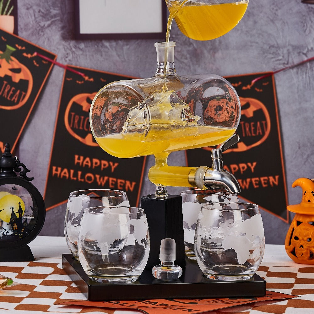 Wine Decanter Set with Glasses 44oz Boat-Shaped Glass Decanter 4 Wine Glasses Wooden Rack Unique Wine Gift Set for Home Bar Birthday