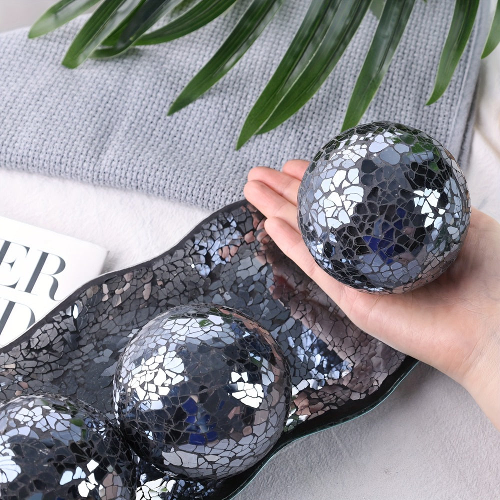 Decorative Glass Balls for Bowls 3 Inch Set of 3 with Glass Tray, Bowl Fillers Centerpiece Table Decorations for Home Decor Living Room Dining Coffee Table, Silver Black Gold Green