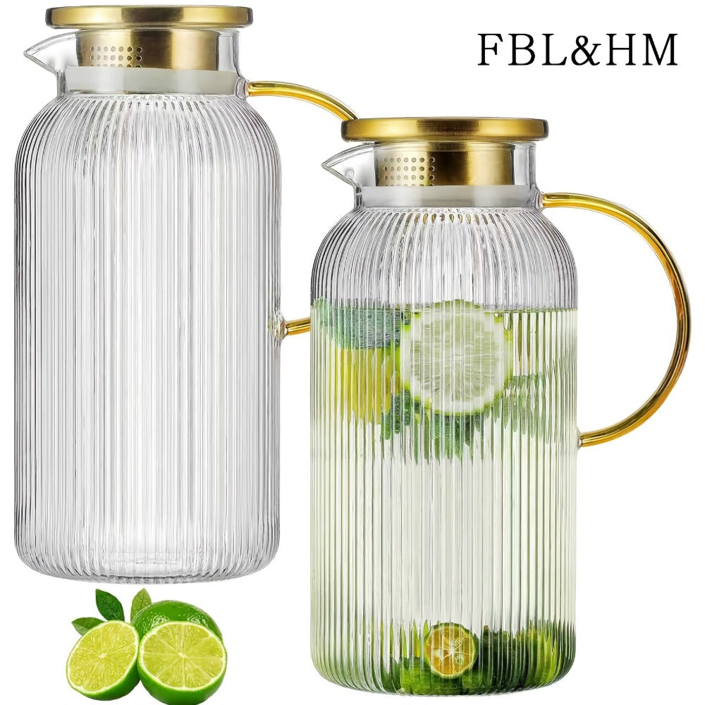 Glass Pitcher with Stainless Steel Lid 68oz 2 Liter Borosilicate Water Pitcher Carafe for Cold Brew, Lemonade, Iced Tea & Milk ¨C Heat Resistant, 2 or 4 Pack