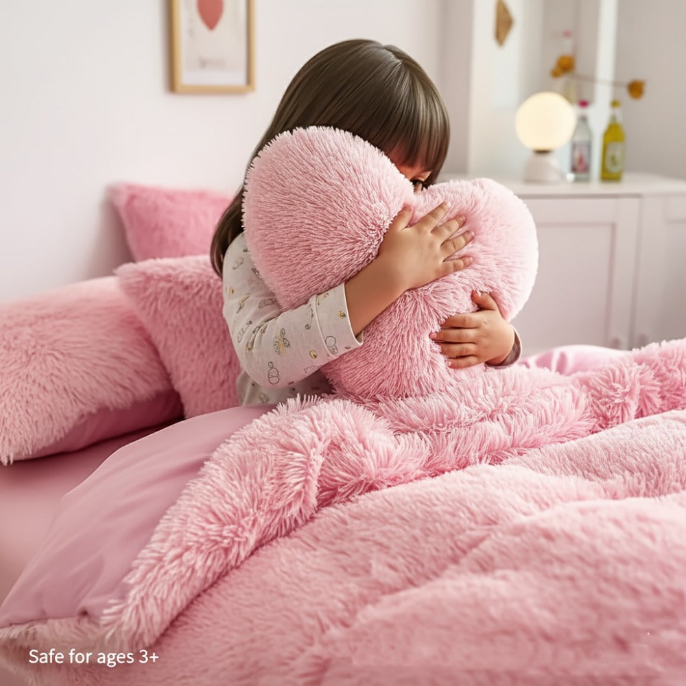 Faux Fur Duvet Cover Set Twin Queen King Super Soft Plush Comforter Cover with Pillowcases Heart Pillow for Kids Teens Machine Washable Bedroom Decor