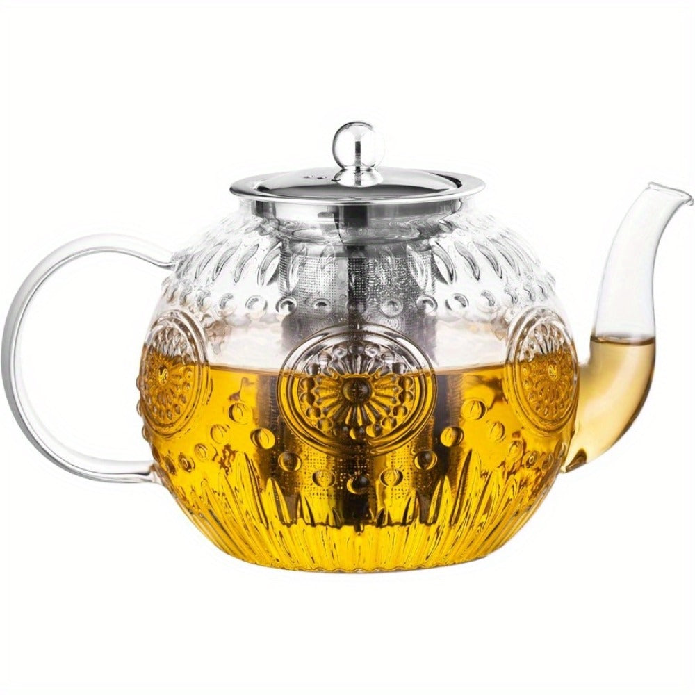 Vintage Glass Teapot 50oz 1500ml with Removable Infuser Stovetop Safe Borosilicate Tea Kettle Elegant Floral Design Durable Easy Clean for Loose Leaf Blooming Tea