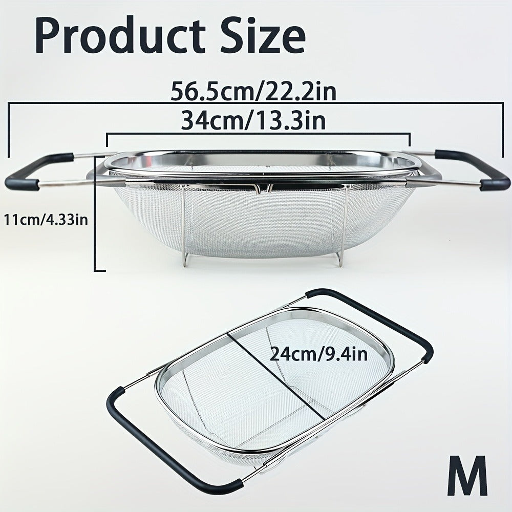 Expandable Sink Colander Stainless Steel ¨C Over the Sink Strainer Basket with Fine Mesh & Rubber Grip, Adjustable Kitchen Drain Strainer for Vegetables, Fruits & Pasta, Small & Large Size