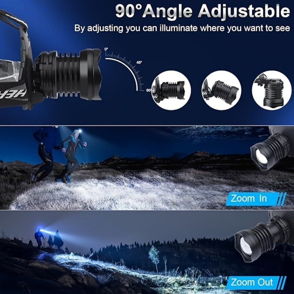 LED Headlamp 1700LM XHP-70 Aluminum Alloy with 6000mAh Rechargeable Battery ¨C 3 Modes Adjustable Spotlight Floodlight Head Lamp for Camping Hiking Hunting Fishing Outdoor Adventure