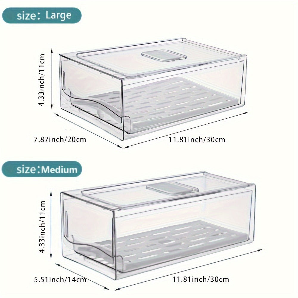 Stackable Fridge Organizer Bins with Drawer, BPA-Free Refrigerator Storage Containers with Drain Board & Ventilation, Clear Food Storage Bins for Kitchen Pantry Freezer, Set of 2