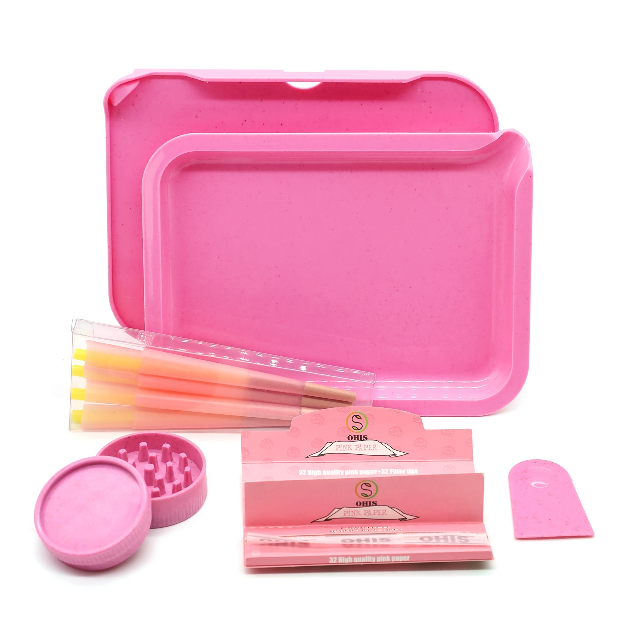 Smoking Set with Double-Layer Grinder, Rolling Paper, 8 Pre-Rolled Cones & Rolling Tray - Complete Starter Kit | 3 Colors | Gift Set