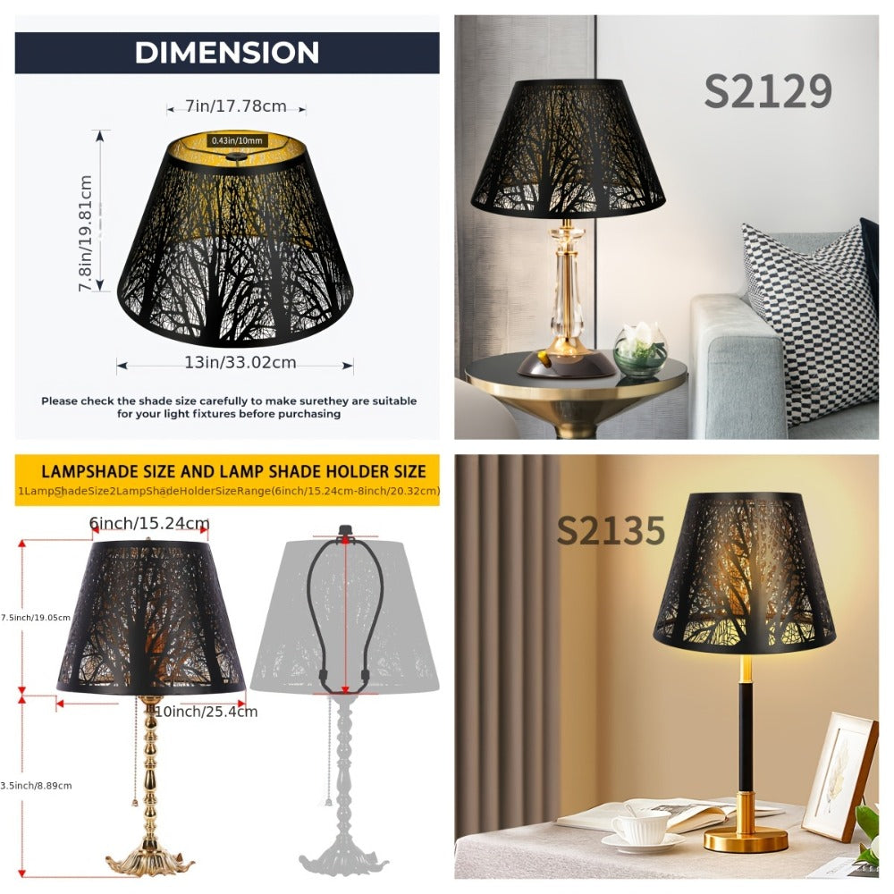 Metal Lampshade Etched Forest & Leaf Design | Black Exterior Gold Interior | Barrel Lamp Shade for Table Lamp & Floor Lamp | Medium Large Decorative Lampshade 7x13x7.8 inch