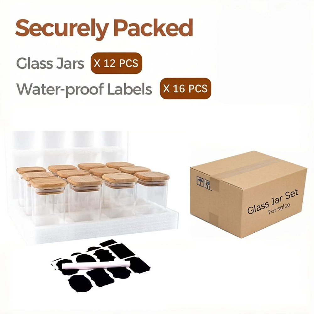 Spice Glass Jars Set with Labels 12pcs, Square Glass Spice Jars with Bamboo Lids, Sticker Labels, 5oz 7oz 9oz Food Storage Containers
