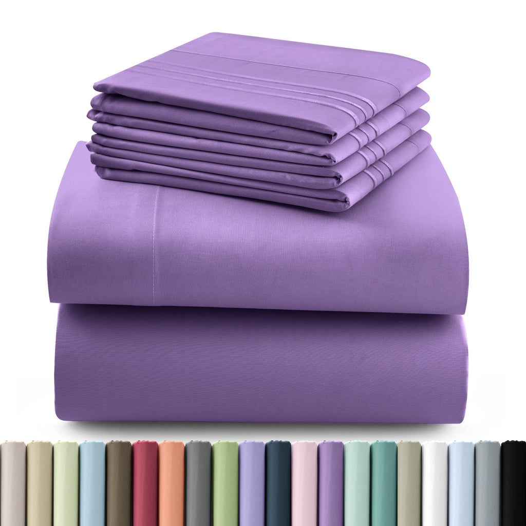 Fitted Sheet Set 6-Piece Brushed Polyester Deep Pocket Bed Sheets 20 Colors Hotel Luxury Soft Bedding with Embroidered Pillowcases