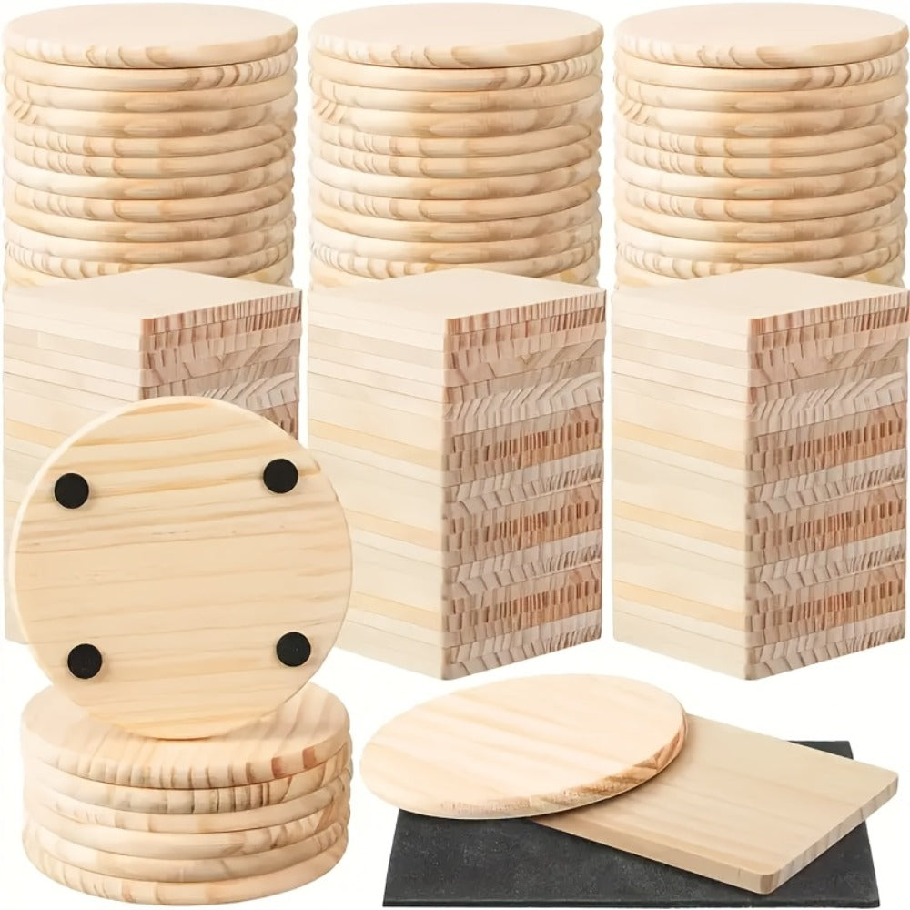 Unfinished Wood Coasters for Crafts 4 Inch Square and Round Wooden Coasters with Non-Slip Pad for DIY Engraving Staining Painting Drinks Coffee Table Home Kitchen 30 or 60pcs