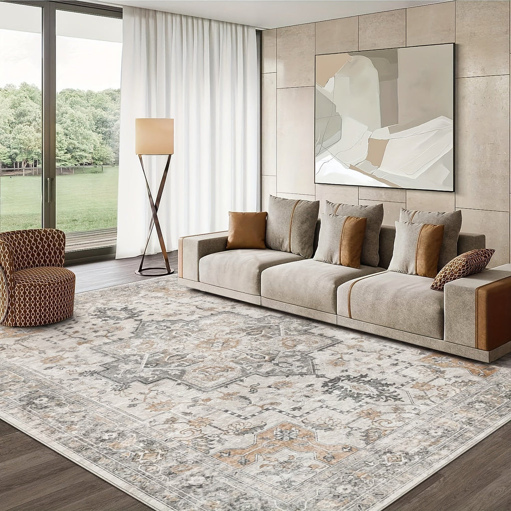 Vintage Chenille Area Rug Non-Slip Machine Washable ¨C Retro Print Lightweight Carpet for Living Room, Bedroom, Dining Area & Home Office ¨C Light Taupe Brown, 8 Sizes