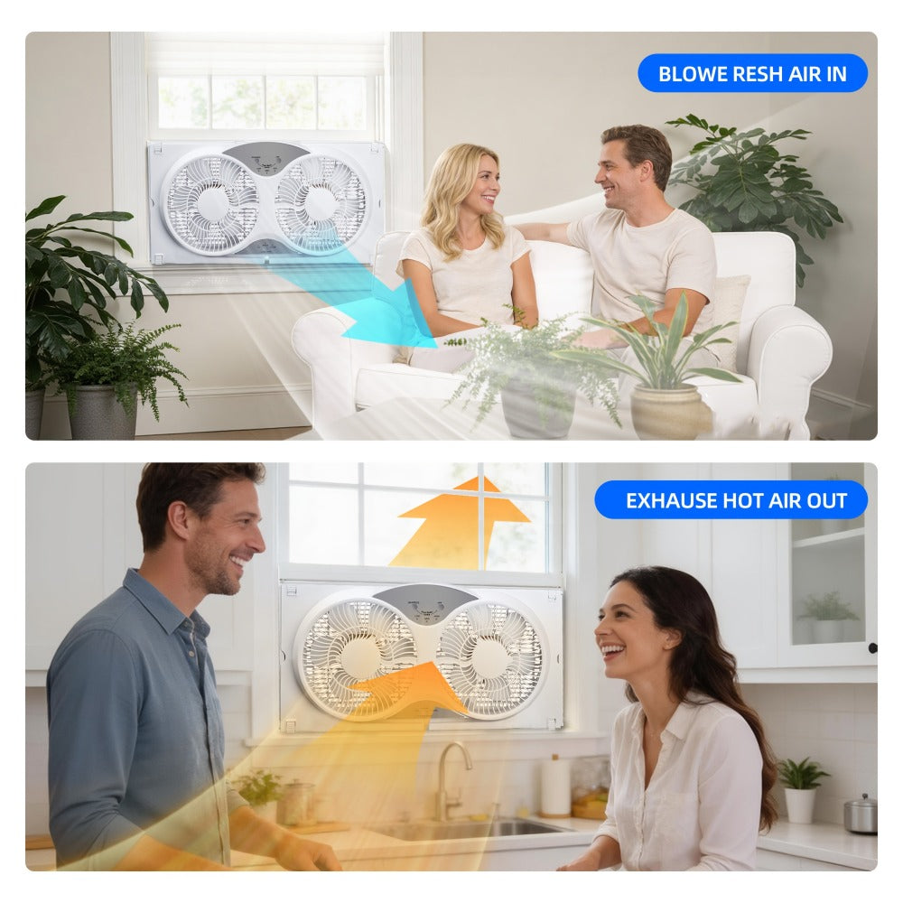 Window Fan 9 Inch Twin Expandable Dual Fan, 3-Speed with Remote Control or Manual Control, Reversible Airflow Indoor Window Fan for Bedroom, Living Room, Kitchen and Office