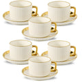 Ceramic Cappuccino Cups with Saucers Set of 6 ¨C 8oz Coffee Mugs with Golden Trim, Latte Art Cups for Espresso Mocha, British Italian Style Caf¨¦ Cups and Saucer Sets for Home Kitchen