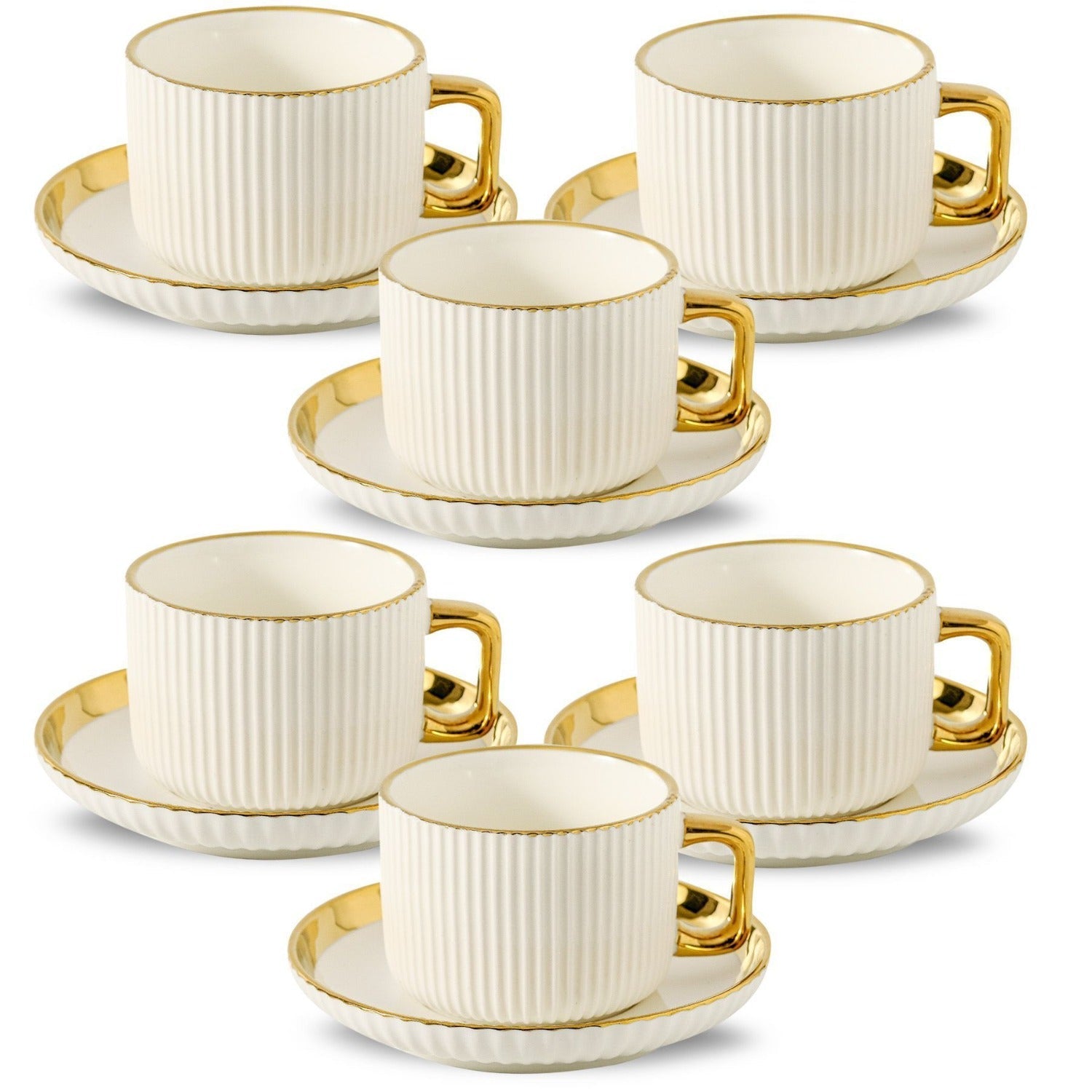 Ceramic Cappuccino Cups with Saucers Set of 6 ¨C 8oz Coffee Mugs with Golden Trim, Latte Art Cups for Espresso Mocha, British Italian Style Caf¨¦ Cups and Saucer Sets for Home Kitchen