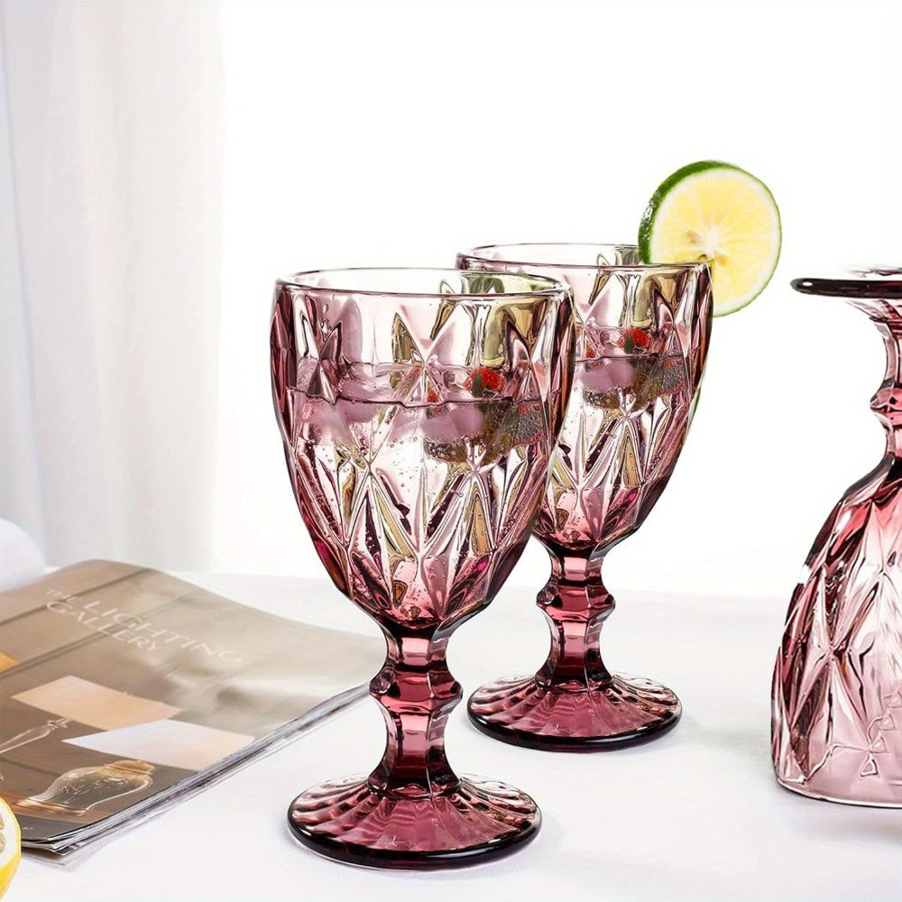 Vintage Wine Glasses Set of 6 Colored Stemmed Goblets 11.5oz ¨C Amber Flower Pattern Clear Glass Water Cups for Wedding Party Bar Table Glassware Gift