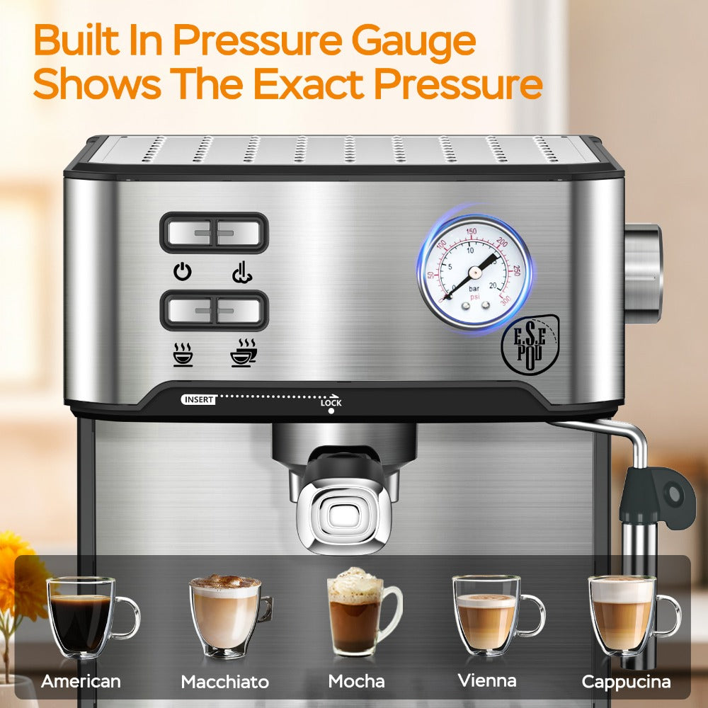 Espresso Machine Stainless Steel ¨C Dual-Brew Coffee Maker with 54.1oz Water Tank, High-Pressure Steam Wand, ESE Pod & Ground Coffee Compatible, 1 & 2 Cup Brewing, Overpressure Protection for Home Barista