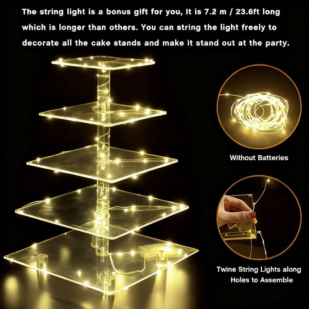 5-Tier Acrylic Cupcake Stand with LED String Lights ¨C Square Dessert Display Tower for 60 Cupcakes Birthday Wedding Baby Shower Tea Party Elegant Transparent Cake Display Rack Easy to Assemble