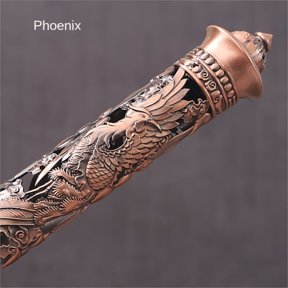 Incense Stick Holder Metal Retro Vertical Design, Dragon & Phoenix Heart Sutra Motif Brass Incense Burner Stand, Home Office Altar Meditation Ceremony Decoration Gift