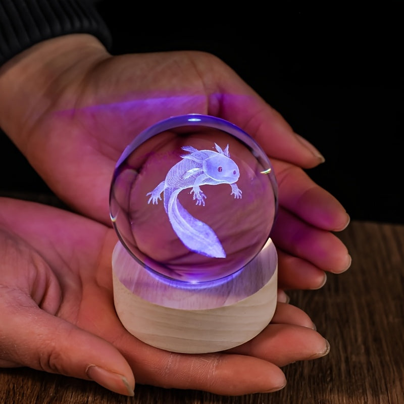 3D Axolotl Crystal Ball Night Light ¨C USB Powered LED Colorful Gradient Glow Orb Atmosphere Lamp with Bamboo Base, Amphibian Figurine Desk Light for Home Decor, Bedroom, Kids Room & Unique Gift (2.36in)