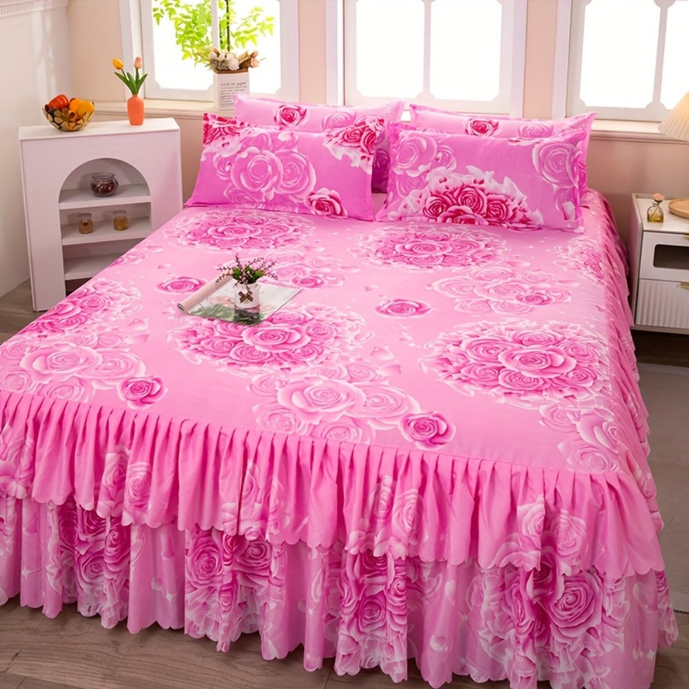 Floral Bed Skirt Set 3-Piece ¨C 1 Ruffled Dust Ruffle Bed Skirt + 2 Pillowcases | Peony & Botanical Print | Double-Layer Hem | Machine Washable Polyester Bedding | 150, 180 & 200cm