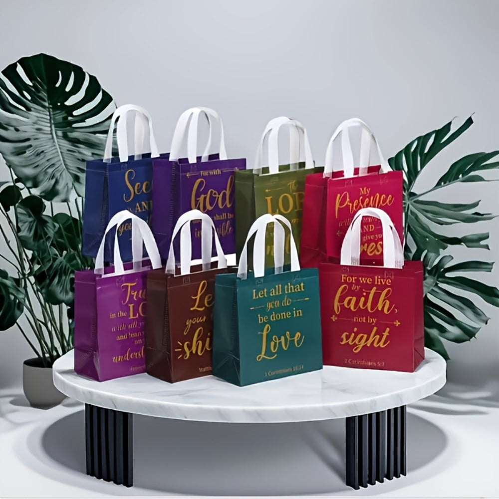 Bible Verse Gift Bags Bulk 32 or 64pcs | 8 Colors Reusable Christian Religious Gift Bags with Handles for Women | Medium Non-Woven Church Bags for Baptism, Wedding, Party Supplies, VBS, Faith Events