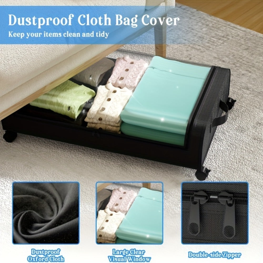 Under Bed Storage Organizer with Wheels & Lid - Metal Rolling Bins for Clothes Bedding Shoes Blankets Books (2pcs)